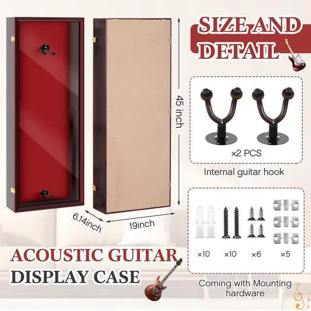Alt view image 2 of 7 - Electric/Acoustic Guitar Display Case Wall Mount Guitar Case Cabinet Shadow Box with Hanger Stand and Lock 98% UV Protection Acrylic Clear Door for Musician Collection(Red Brown,45'')