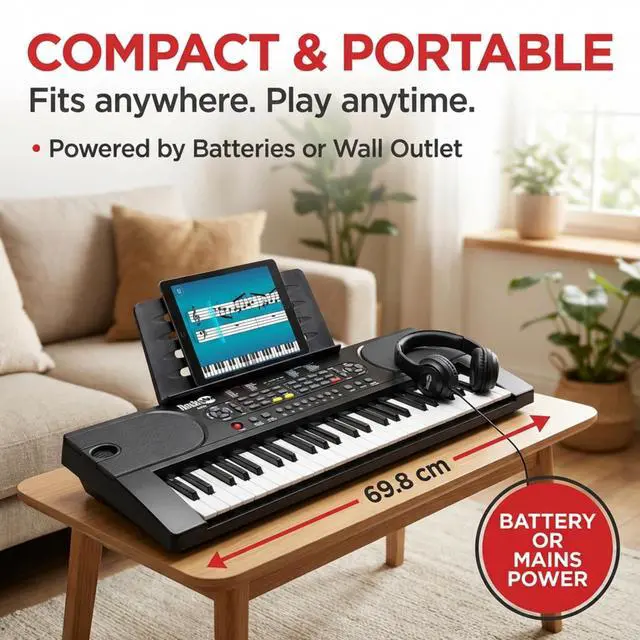 Alt view image 3 of 7 - RJ549 49 Key Keyboard Piano for Beginners with Note Stickers | Beginner electric keyboard with power supply, sheet music stand, note stickers and Simply Piano lessons for kids