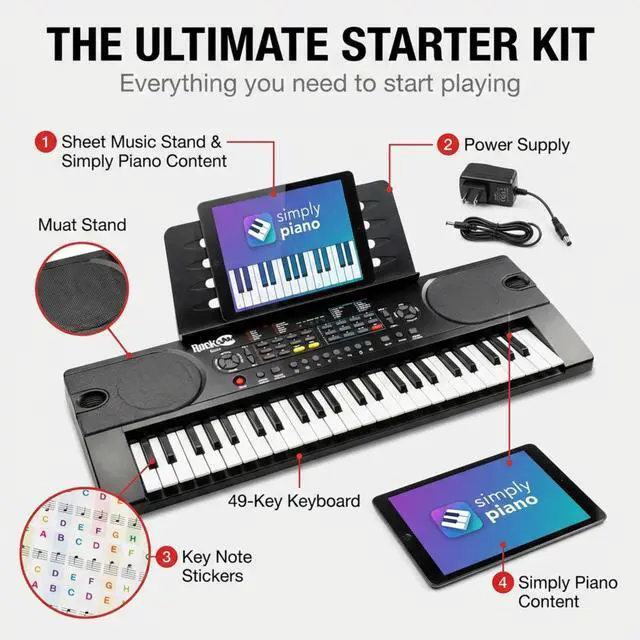 Alt view image 2 of 7 - RJ549 49 Key Keyboard Piano for Beginners with Note Stickers | Beginner electric keyboard with power supply, sheet music stand, note stickers and Simply Piano lessons for kids