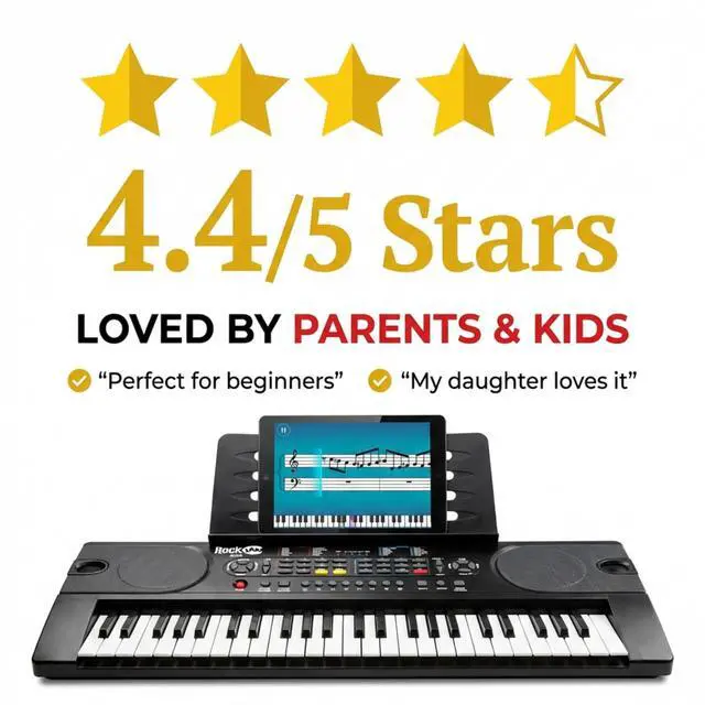 Alt view image 6 of 7 - RJ549 49 Key Keyboard Piano for Beginners with Note Stickers | Beginner electric keyboard with power supply, sheet music stand, note stickers and Simply Piano lessons for kids