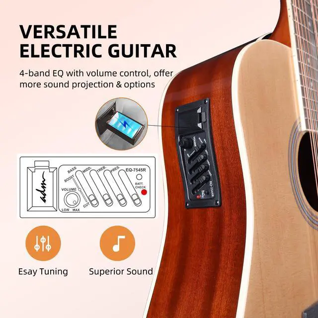 Alt view image 5 of 7 - Advanced 12 String Acoustic Electric Guitar, Full Size 42" Twelve String Guitar Bundle 4-Band EQ Electroacoustic Set for Beginner Intermediate Adults Teens, Bag, Picks, Capo, Cable, Strap, Natural