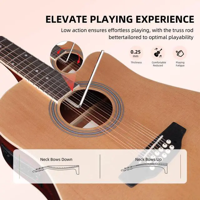 Alt view image 7 of 7 - Advanced 12 String Acoustic Electric Guitar, Full Size 42" Twelve String Guitar Bundle 4-Band EQ Electroacoustic Set for Beginner Intermediate Adults Teens, Bag, Picks, Capo, Cable, Strap, Natural