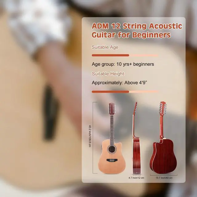 Alt view image 6 of 7 - Advanced 12 String Acoustic Electric Guitar, Full Size 42" Twelve String Guitar Bundle 4-Band EQ Electroacoustic Set for Beginner Intermediate Adults Teens, Bag, Picks, Capo, Cable, Strap, Natural