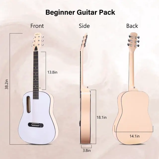 Alt view image 3 of 7 - Acoustic Guitar Kits for Beginners Adults - 38" Steel-String Guitars Bundle with Online Lesson Wooden Bowl Guitarra Starter Set Package with Bag, Strap, Picks, Capos, Kazoo, White