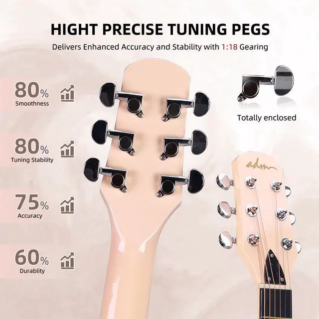 Alt view image 5 of 7 - Acoustic Guitar Kits for Beginners Adults - 38" Steel-String Guitars Bundle with Online Lesson Wooden Bowl Guitarra Starter Set Package with Bag, Strap, Picks, Capos, Kazoo, White