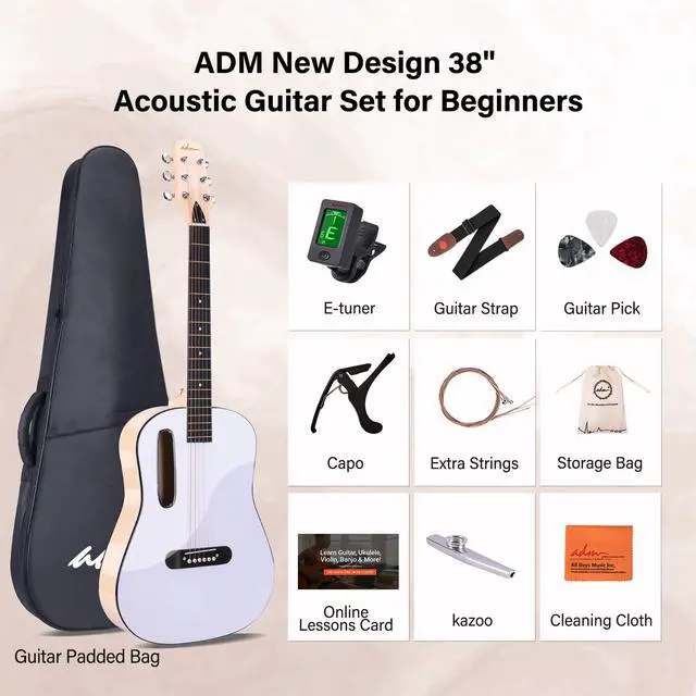 Alt view image 2 of 7 - Acoustic Guitar Kits for Beginners Adults - 38" Steel-String Guitars Bundle with Online Lesson Wooden Bowl Guitarra Starter Set Package with Bag, Strap, Picks, Capos, Kazoo, White