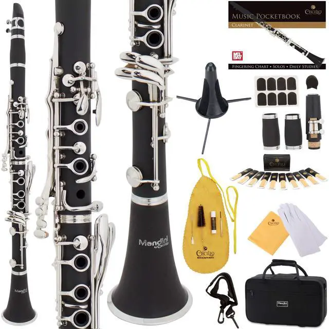 Main image of Ebonite Bb Clarinet with 2 Barrels, Cleaning Kit - Black | B Flat Clarinet with 10 Reeds, Mouthpiece Brush/ Pad Brush, Stand, Case, Pocketbook, Cork Grease, Cleaning Kit for Beginner