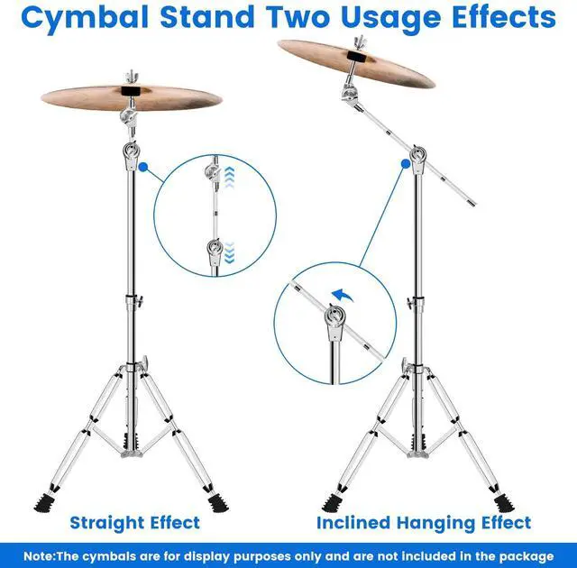 Alt view image 3 of 7 - 2-Pack Straight Cymbal Stands + 2-Pack Boom Cymbal Stands Combo Set, Adjustable Drum Hardware Percussion Instrument Stand Gear Kit for Installing Crash, Ride, Hi-Hat, Dual Support Legs (4-Pack)