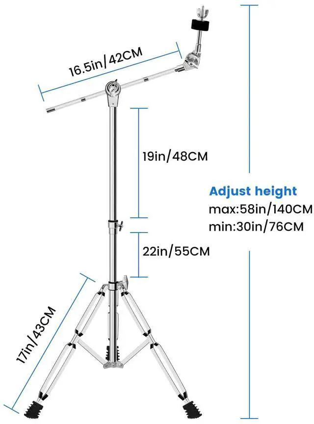 Alt view image 5 of 7 - 2-Pack Straight Cymbal Stands + 2-Pack Boom Cymbal Stands Combo Set, Adjustable Drum Hardware Percussion Instrument Stand Gear Kit for Installing Crash, Ride, Hi-Hat, Dual Support Legs (4-Pack)
