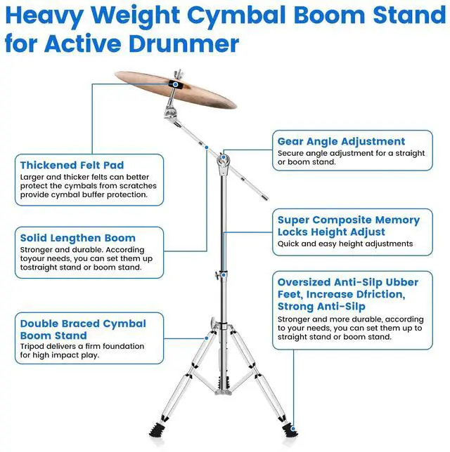 Alt view image 6 of 7 - 2-Pack Straight Cymbal Stands + 2-Pack Boom Cymbal Stands Combo Set, Adjustable Drum Hardware Percussion Instrument Stand Gear Kit for Installing Crash, Ride, Hi-Hat, Dual Support Legs (4-Pack)