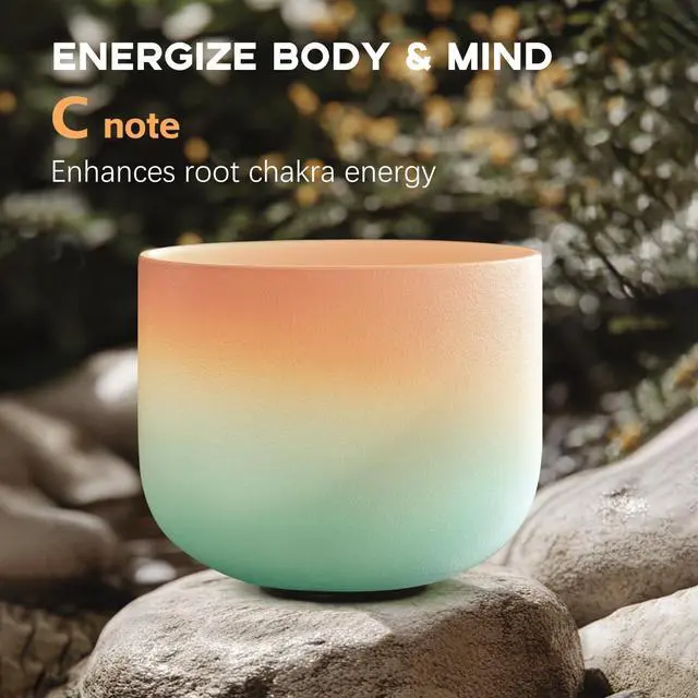 Alt view image 2 of 6 - 432HZ 8 Inch C Note Root Chakra Frosted Quartz Crystal Singing Bowl | Desert Sunset Colored Sound Bowl, Sound Healing Meditation,Mindfulness,Relaxation, Includes 2 Case Bags and Rubber Mallets