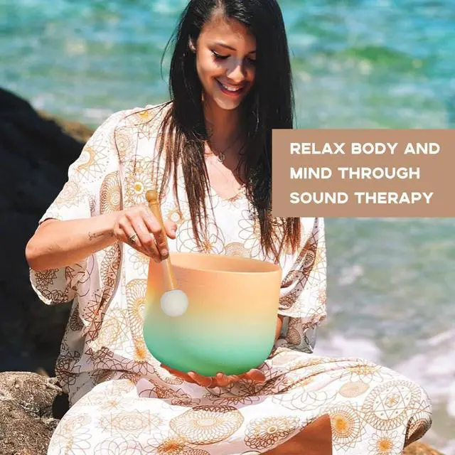 Alt view image 5 of 6 - 432HZ 8 Inch C Note Root Chakra Frosted Quartz Crystal Singing Bowl | Desert Sunset Colored Sound Bowl, Sound Healing Meditation,Mindfulness,Relaxation, Includes 2 Case Bags and Rubber Mallets