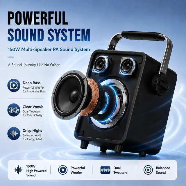 Alt view image 2 of 7 - 150W High-Power Karaoke Machine with 2 Wireless Microphones for Adults S200 | PA System Wireless Voice Amplifier with AI Sound Boost, Portable Bluetooth Speaker with Handheld Mics for Events, Outdoor