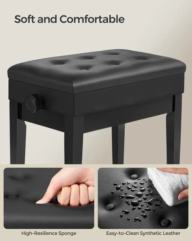 Alt view image 7 of 7 - Adjustable Wooden Piano Bench Stool with Sheet Music Storage Black ULPB57H