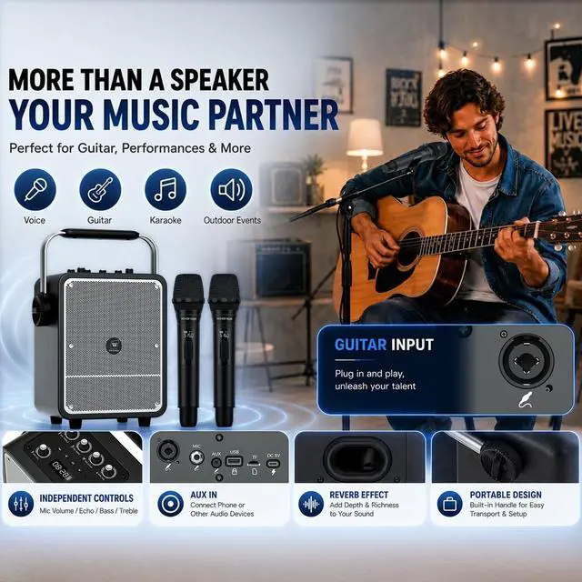 Alt view image 6 of 7 - 150W High-Power Karaoke Machine with 2 Wireless Microphones for Adults S200 | PA System Wireless Voice Amplifier with AI Sound Boost, Portable Bluetooth Speaker with Handheld Mics for Events, Outdoor