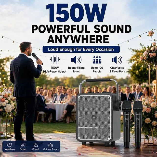 Alt view image 7 of 7 - 150W High-Power Karaoke Machine with 2 Wireless Microphones for Adults S200 | PA System Wireless Voice Amplifier with AI Sound Boost, Portable Bluetooth Speaker with Handheld Mics for Events, Outdoor