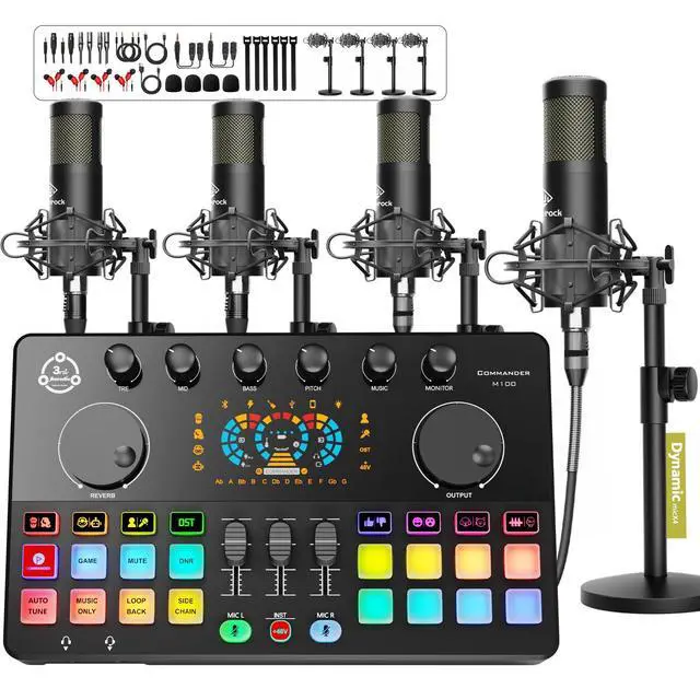 Main image of Podcast Equipment Bundle for 4, Audio Interface with 4 Dynamic Microphone, 4 Desktop Mic Stands, Voice Change, DJ Mixer for Vocal Recording Podcasting,Streaming,Singing TikTok, COMMANDER M100 3rd