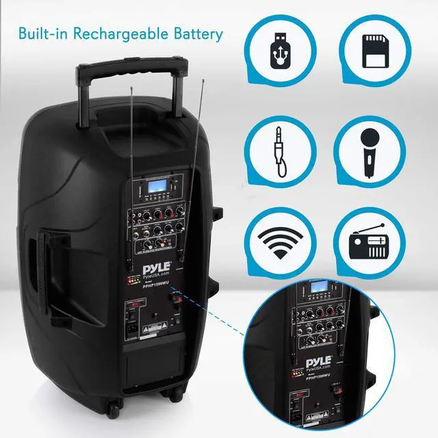 Alt view image 2 of 7 - Karaoke Portable PA Speaker System - 1600W Active Powered Bluetooth Compatible Speaker, Rechargeable Battery, Easy Carry Wheels, USB MP3 RCA, FM Radio, 2 UHF Microphone, Remote