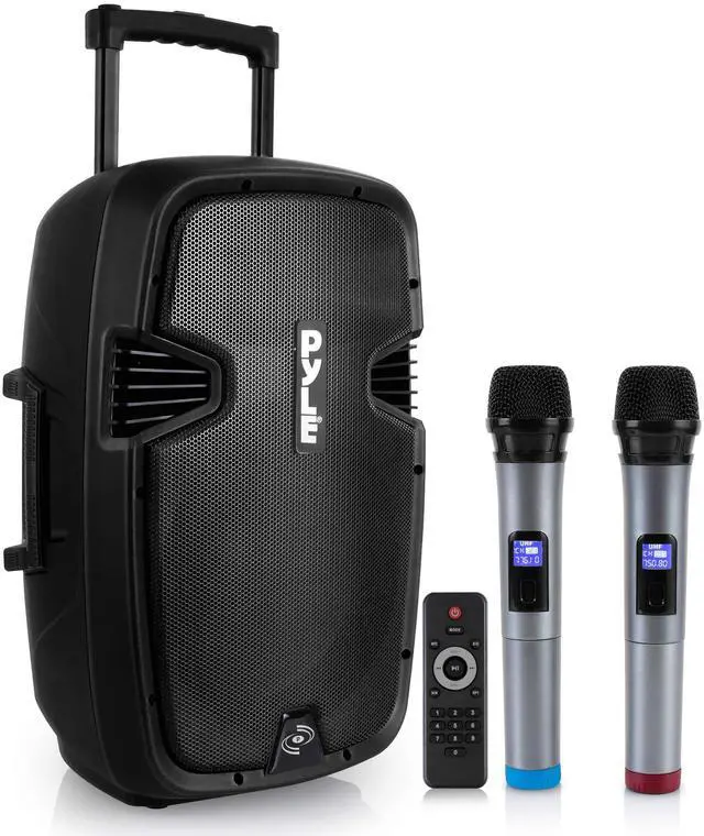 Main image of Karaoke Portable PA Speaker System - 1600W Active Powered Bluetooth Compatible Speaker, Rechargeable Battery, Easy Carry Wheels, USB MP3 RCA, FM Radio, 2 UHF Microphone, Remote
