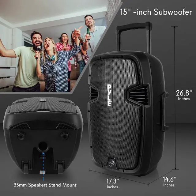 Alt view image 3 of 7 - Karaoke Portable PA Speaker System - 1600W Active Powered Bluetooth Compatible Speaker, Rechargeable Battery, Easy Carry Wheels, USB MP3 RCA, FM Radio, 2 UHF Microphone, Remote