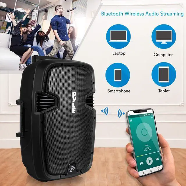 Alt view image 4 of 7 - Karaoke Portable PA Speaker System - 1600W Active Powered Bluetooth Compatible Speaker, Rechargeable Battery, Easy Carry Wheels, USB MP3 RCA, FM Radio, 2 UHF Microphone, Remote
