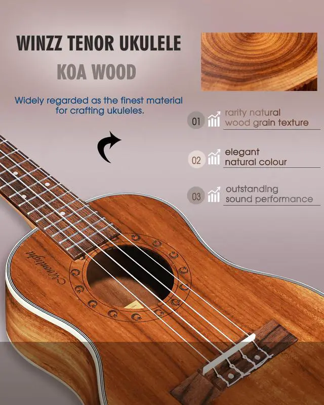 Alt view image 4 of 6 - Tenor Ukulele 26 Inch for Adults Teenagers Beginners & Prof, KOA Wood | Natural Matte, Complete Set