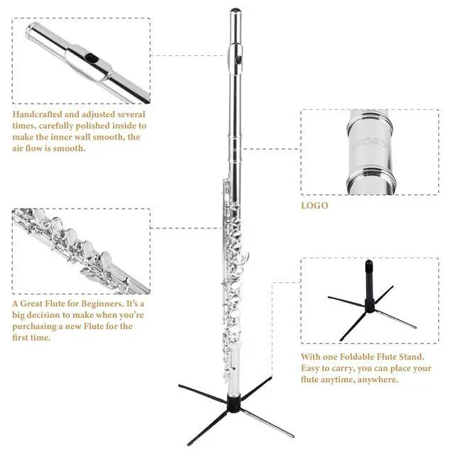 Alt view image 2 of 5 - YANASON C Flute Closed Hole 16 Keys Flute Nickel-Plated for Beginner, Kids, Student with Carrying case, Metal stand, Gloves, Tuning Rod, Cleaning kit
