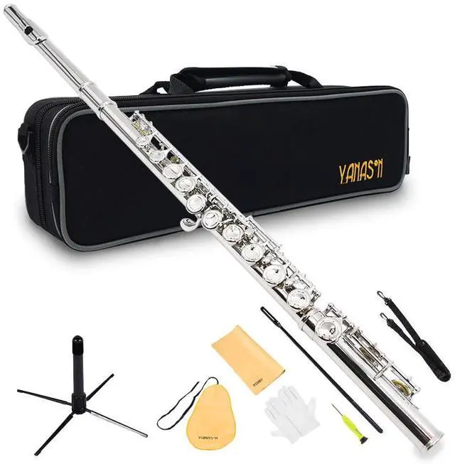 Main image of YANASON C Flute Closed Hole 16 Keys Flute Nickel-Plated for Beginner, Kids, Student with Carrying case, Metal stand, Gloves, Tuning Rod, Cleaning kit