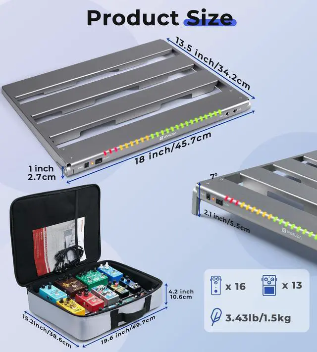 Alt view image 4 of 7 - Guitar Pedal Board with Isolated Power Supply, PD-M Aluminum One-Piece-Bent Portable Folding Powered Guitar Pedalboard with Premium Backpack-style Bag, Medium, 18"x13.5", 3.4lb, Gray