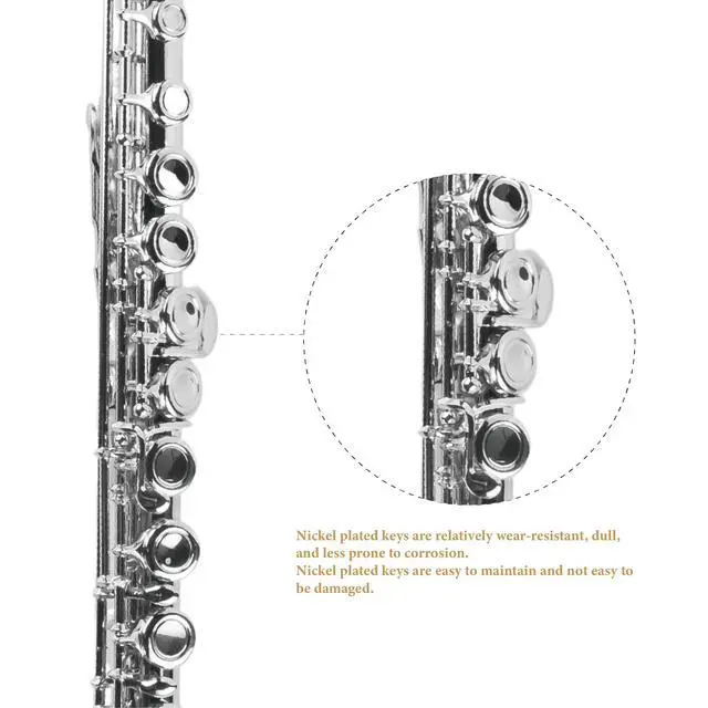 Alt view image 4 of 5 - YANASON C Flute Closed Hole 16 Keys Flute Nickel-Plated for Beginner, Kids, Student with Carrying case, Metal stand, Gloves, Tuning Rod, Cleaning kit