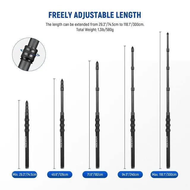 Alt view image 2 of 7 - Upgraded Microphone Boom Pole, 9.8ft/300cm Telescopic Carbon Fiber Mic Boom Arm with 5 Sections, 1/4" 3/8" 5/8" Screw Adapters, Cable Straps, Shoulder Strap & Storage Bag, MS-300CB (Black)