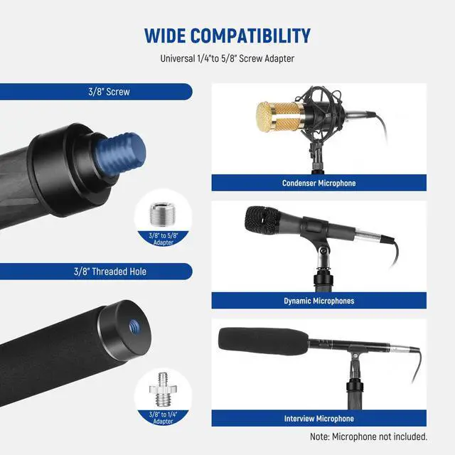 Alt view image 4 of 7 - Upgraded Microphone Boom Pole, 9.8ft/300cm Telescopic Carbon Fiber Mic Boom Arm with 5 Sections, 1/4" 3/8" 5/8" Screw Adapters, Cable Straps, Shoulder Strap & Storage Bag, MS-300CB (Black)