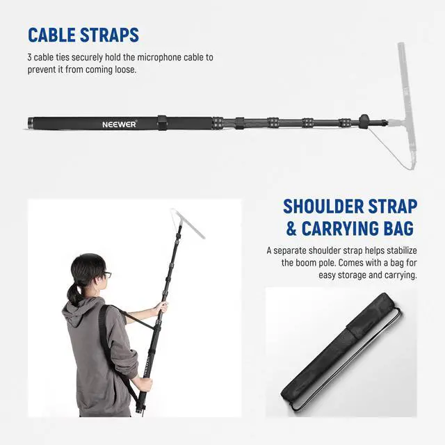 Alt view image 5 of 7 - Upgraded Microphone Boom Pole, 9.8ft/300cm Telescopic Carbon Fiber Mic Boom Arm with 5 Sections, 1/4" 3/8" 5/8" Screw Adapters, Cable Straps, Shoulder Strap & Storage Bag, MS-300CB (Black)