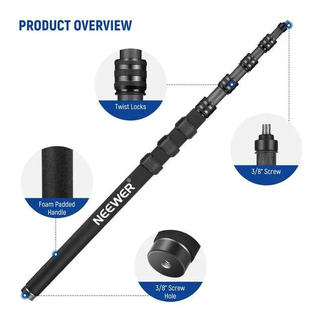 Alt view image 6 of 7 - Upgraded Microphone Boom Pole, 9.8ft/300cm Telescopic Carbon Fiber Mic Boom Arm with 5 Sections, 1/4" 3/8" 5/8" Screw Adapters, Cable Straps, Shoulder Strap & Storage Bag, MS-300CB (Black)