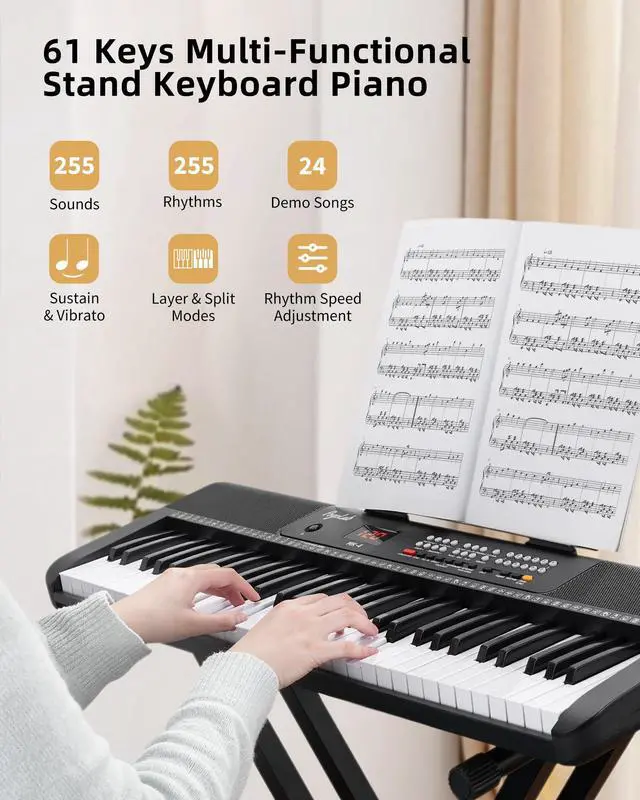 Alt view image 2 of 7 - 61 Keys Compact Keyboard Piano with Foldable Mini Stand, Built-in 255 Sounds, 255 Rhythms, 24 Demos, Includes Sheet Music Stand, Note Stickers & Power Supply, for Beginners, Black