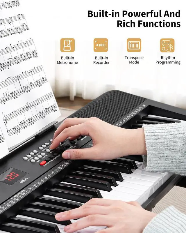 Alt view image 3 of 7 - 61 Keys Compact Keyboard Piano with Foldable Mini Stand, Built-in 255 Sounds, 255 Rhythms, 24 Demos, Includes Sheet Music Stand, Note Stickers & Power Supply, for Beginners, Black