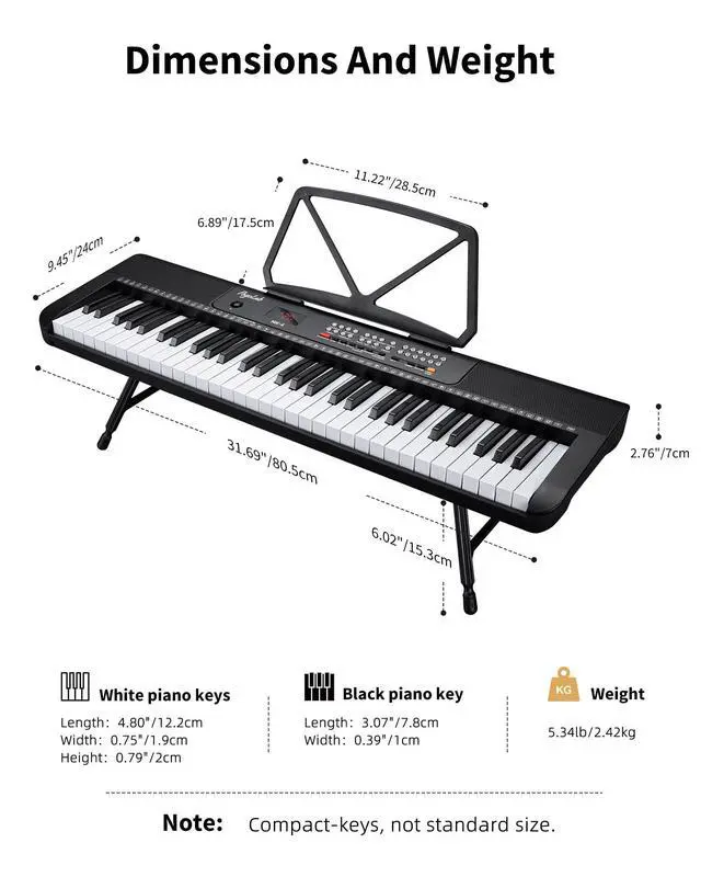 Alt view image 6 of 7 - 61 Keys Compact Keyboard Piano with Foldable Mini Stand, Built-in 255 Sounds, 255 Rhythms, 24 Demos, Includes Sheet Music Stand, Note Stickers & Power Supply, for Beginners, Black