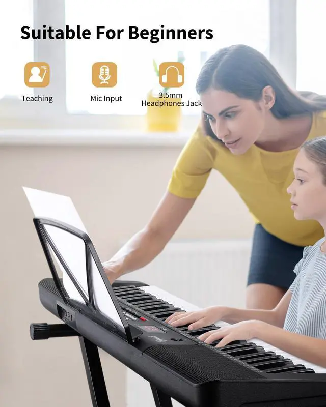 Alt view image 4 of 7 - 61 Keys Compact Keyboard Piano with Foldable Mini Stand, Built-in 255 Sounds, 255 Rhythms, 24 Demos, Includes Sheet Music Stand, Note Stickers & Power Supply, for Beginners, Black
