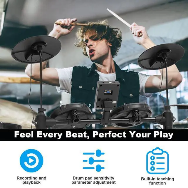 Alt view image 2 of 7 - Electric Drum Set for Beginner with Kick Hammer Pedal,10" Cymbals, 4 Mesh Pads, Supports Sensitivity Adjustment,150 Sounds 15 drum kits, all-in-one drum set with Throne, Headphones, Sticks