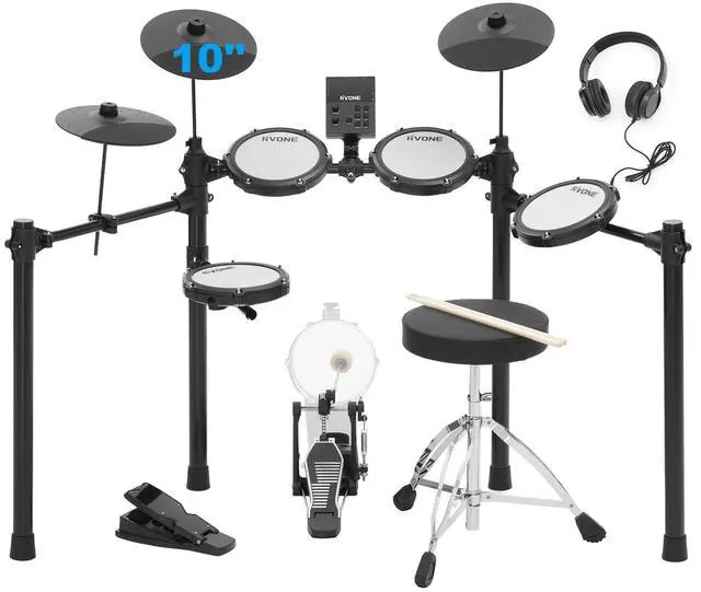 Main image of Electric Drum Set for Beginner with Kick Hammer Pedal,10" Cymbals, 4 Mesh Pads, Supports Sensitivity Adjustment,150 Sounds 15 drum kits, all-in-one drum set with Throne, Headphones, Sticks
