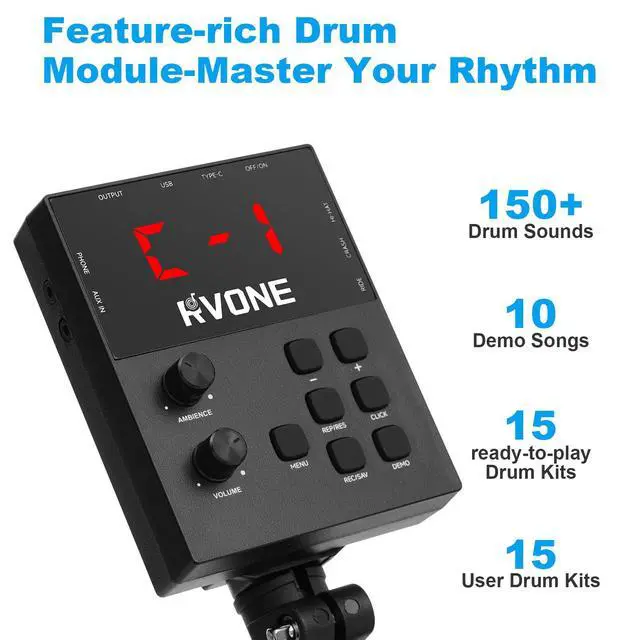 Alt view image 5 of 7 - Electric Drum Set for Beginner with Kick Hammer Pedal,10" Cymbals, 4 Mesh Pads, Supports Sensitivity Adjustment,150 Sounds 15 drum kits, all-in-one drum set with Throne, Headphones, Sticks