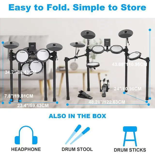 Alt view image 7 of 7 - Electric Drum Set for Beginner with Kick Hammer Pedal,10" Cymbals, 4 Mesh Pads, Supports Sensitivity Adjustment,150 Sounds 15 drum kits, all-in-one drum set with Throne, Headphones, Sticks