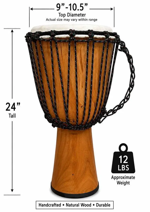 Alt view image 2 of 6 - Djembe Beginner Drum 24" Tall 9-10.5" Head Mahogany Wood Goat Skin | Handmade drum with natural materials; warm, resonant sound for beginners, performers, and percussion practice