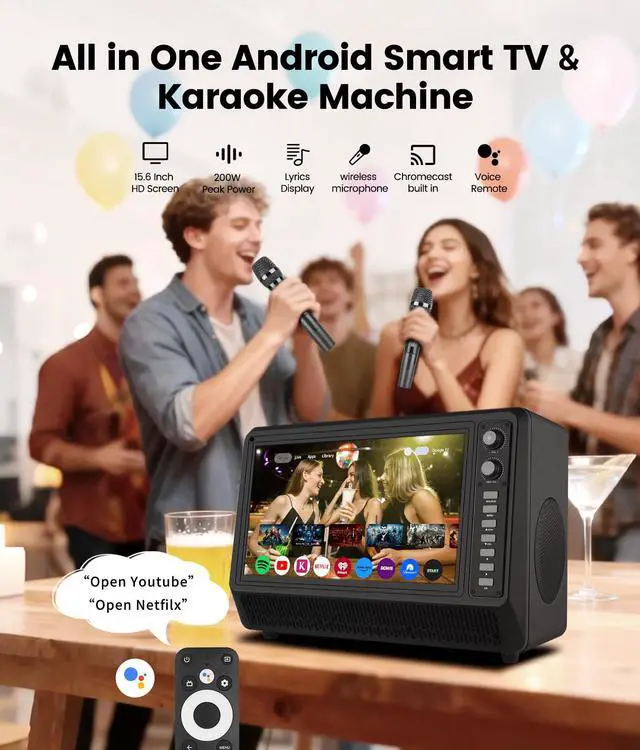 Alt view image 3 of 7 - 15.6 inch Smart Karaoke Machine for Adults with Lyrics Display, 200W Peak Power,Bluetooth Karaoke Speaker with 2 Microphones,Supports HDMI/USB/AUX Bluetooth Karaoke Machine for Home Party Camping