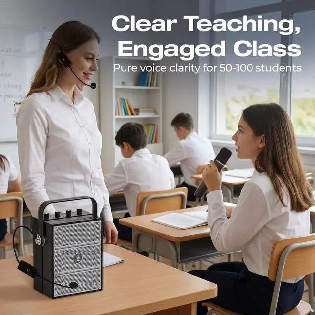 Alt view image 2 of 7 - WinBridge S97 60W Powerful Voice Amplifier with Dual Wireless Microphones | Speaker Mic Set, PA System for Teachers, Karaoke & Event, Guitar Input, 4 Sound Effects, Bluetooth Audio/USB/TF/AUX Playback