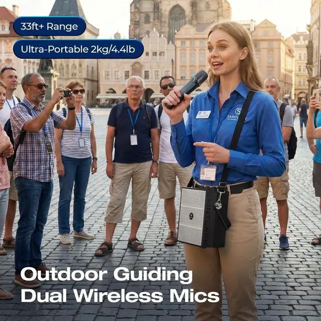Alt view image 3 of 7 - WinBridge S97 60W Powerful Voice Amplifier with Dual Wireless Microphones | Speaker Mic Set, PA System for Teachers, Karaoke & Event, Guitar Input, 4 Sound Effects, Bluetooth Audio/USB/TF/AUX Playback