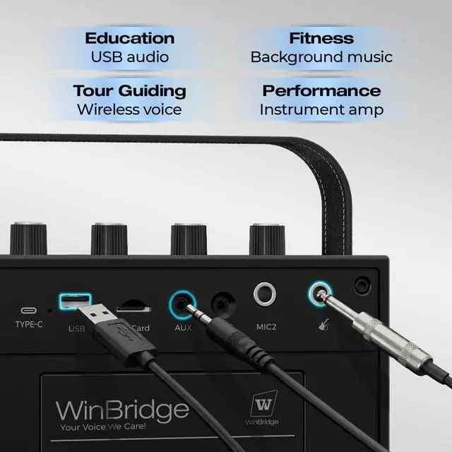 Alt view image 6 of 7 - WinBridge S97 60W Powerful Voice Amplifier with Dual Wireless Microphones | Speaker Mic Set, PA System for Teachers, Karaoke & Event, Guitar Input, 4 Sound Effects, Bluetooth Audio/USB/TF/AUX Playback