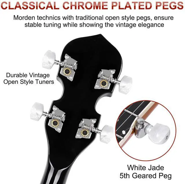 Alt view image 5 of 7 - LEFT-HANDED Banjo 5 String Mahogany Open Back Banjo with Resonator, Remo Drum Head, Geared 5th String Beginner Kit with Manual, Full Size