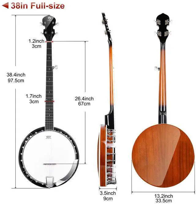 Alt view image 6 of 7 - LEFT-HANDED Banjo 5 String Mahogany Open Back Banjo with Resonator, Remo Drum Head, Geared 5th String Beginner Kit with Manual, Full Size