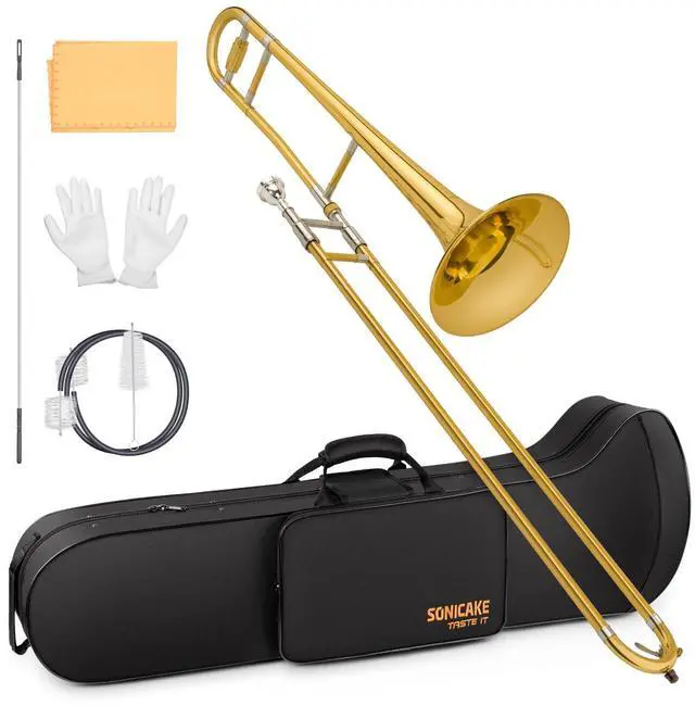 Main image of Bb Alto Slide Trombone for Beginners Students - Gold Lacquer Brass Trombone Full Kit with 7C Mouthpiece, Hard Case, Gloves & Cleaning Kit QTB-01